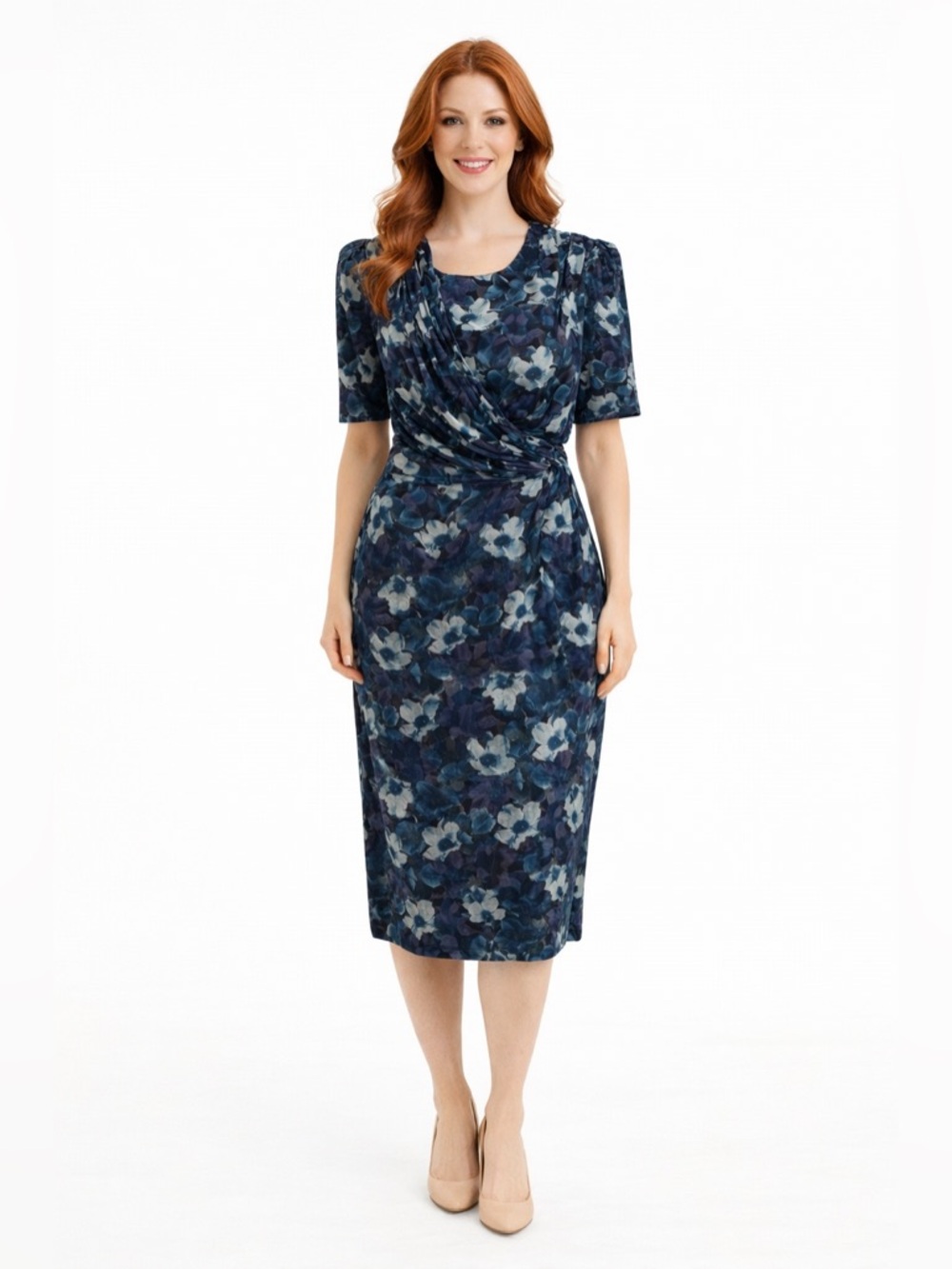 Vintage 80s Floral Midi Dress John Roberts Blue Tea Party Dress Shoulder Pads